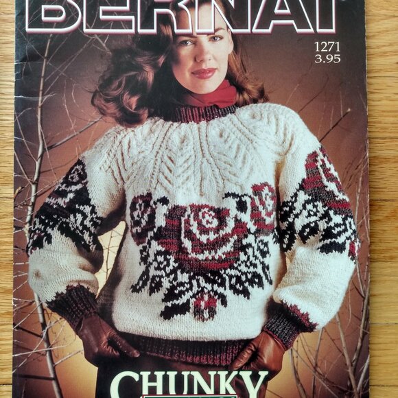 Vintage Chunky Sweater Knitting Pattern Book Bernat 1271 Thunderbird Rose - Picture 9 of 12
